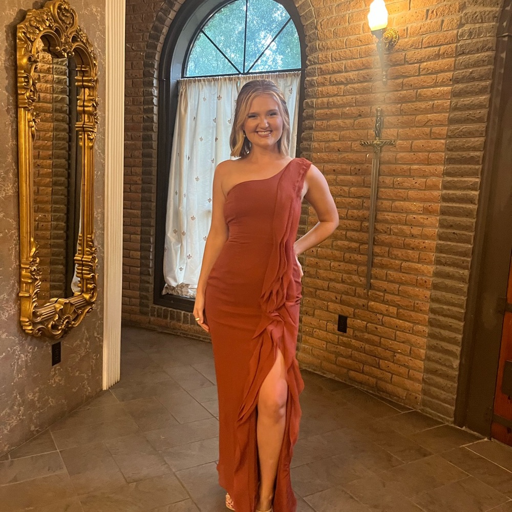 White by Vera Wang One Shoulder Burnt Orange Terracotta Formal Bridesmaid Dress